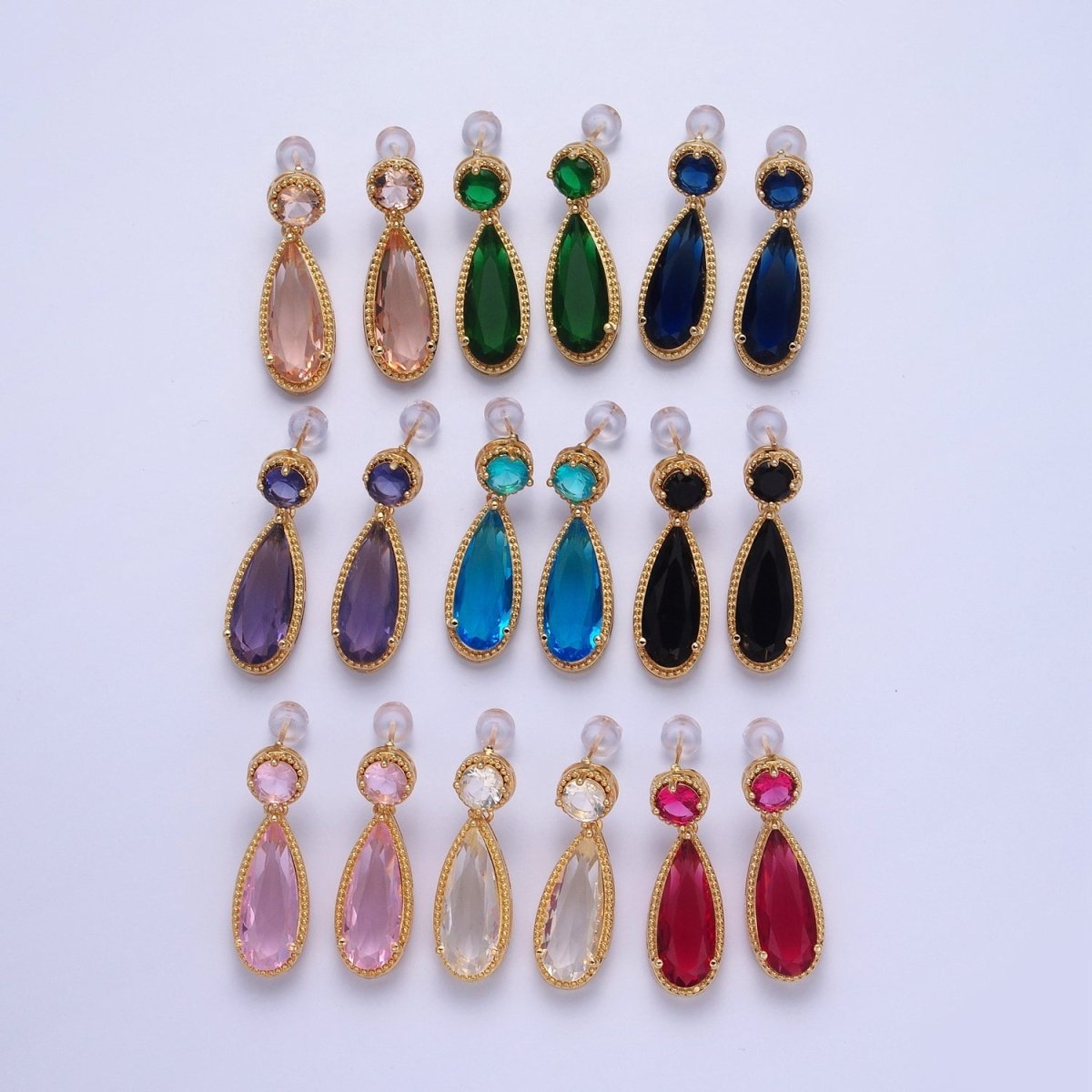 24K Gold Filled Cubic Zirconia Teardrop Stud Earrings with Round CZ Post V-401~V-409 - DLUXCA