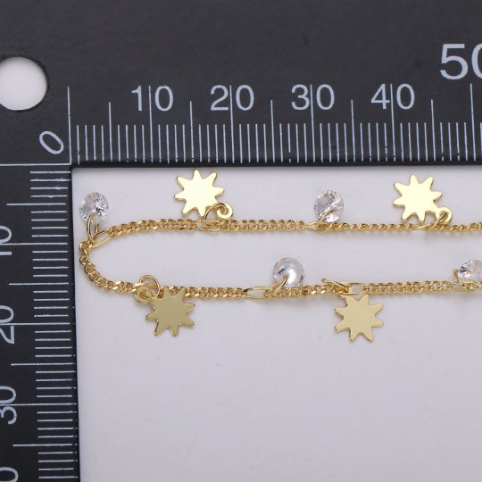 24K Gold Filled Curb Chain by Yard, Polaris Star CZ Charm Specialty Link Chain by Yard, Unfinished Designed Curb Chain For Jewelry Making | ROLL-324 Clearance Pricing - DLUXCA