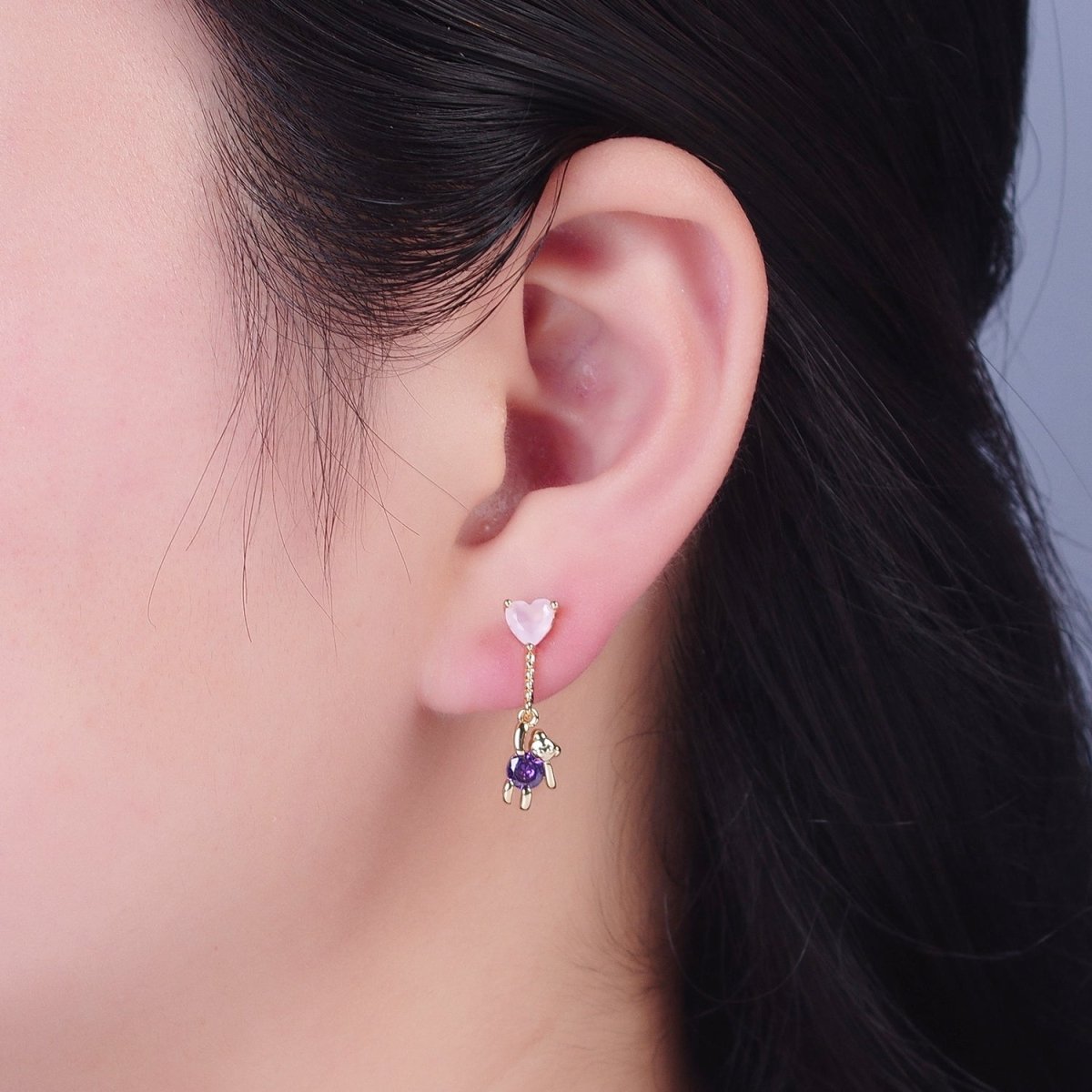 24K Gold Filled Cute CZ Pink Heart Studs with Tiny Bear Purple Cubic Zirconia Charm Dangle Earrings, P-323 - DLUXCA