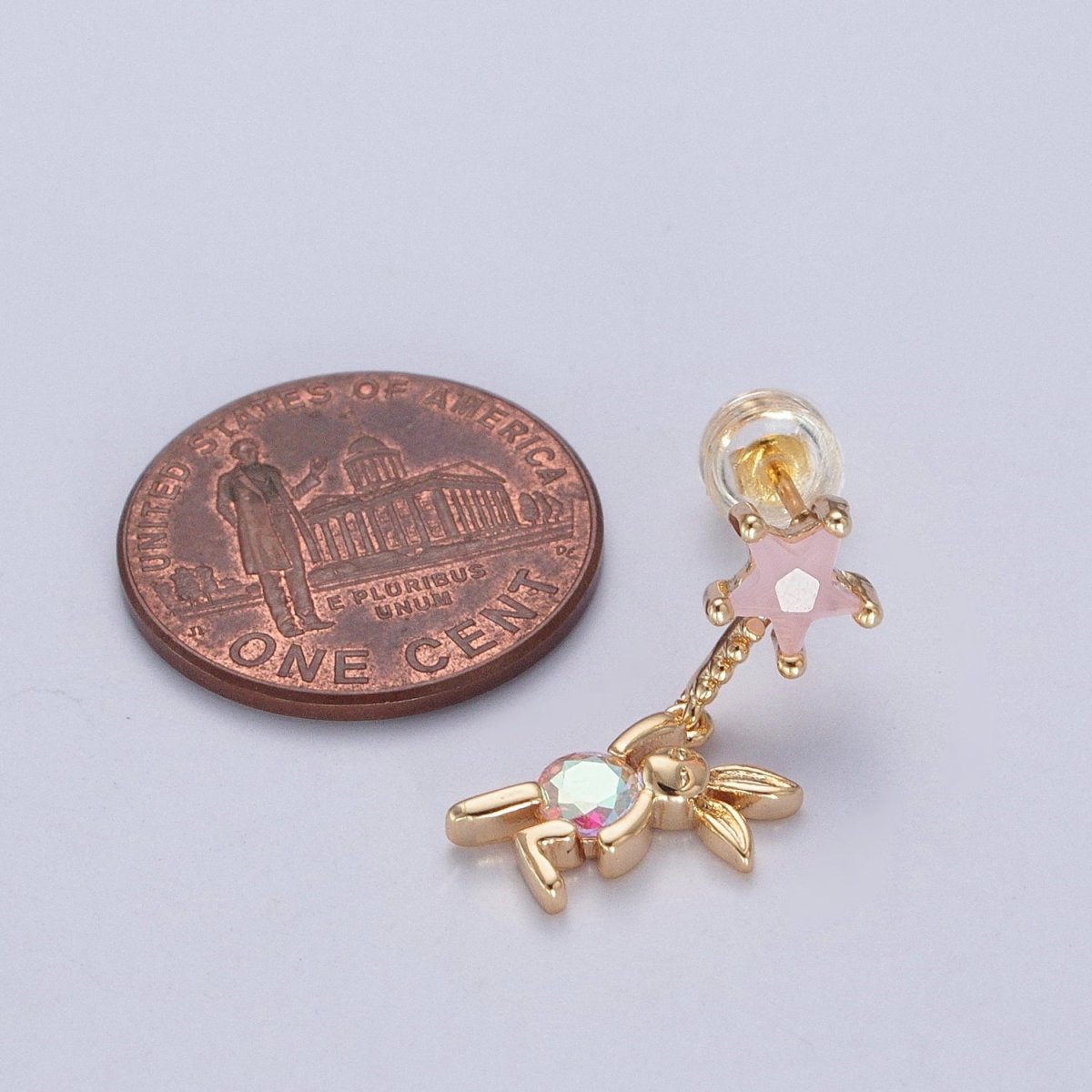 24K Gold Filled Cute CZ Pink Star Studs with Tiny Rabbit Charm Clear Cubic Zirconia Dangle Earrings, P-322 - DLUXCA