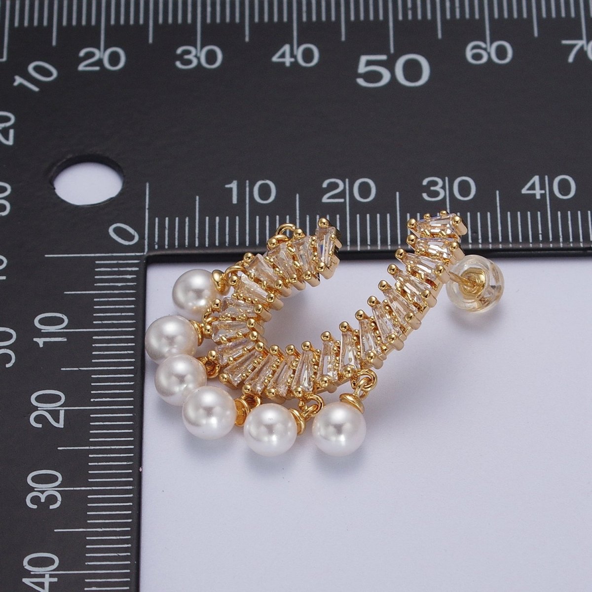 24K Gold Filled CZ Baguette Front Curve w. Pearl Dangle Stud Earrings in Gold & Silver | Y-277 Y-278 - DLUXCA