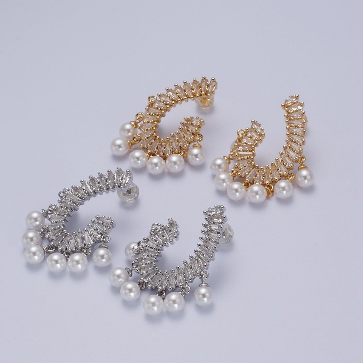 24K Gold Filled CZ Baguette Front Curve w. Pearl Dangle Stud Earrings in Gold & Silver | Y-277 Y-278 - DLUXCA