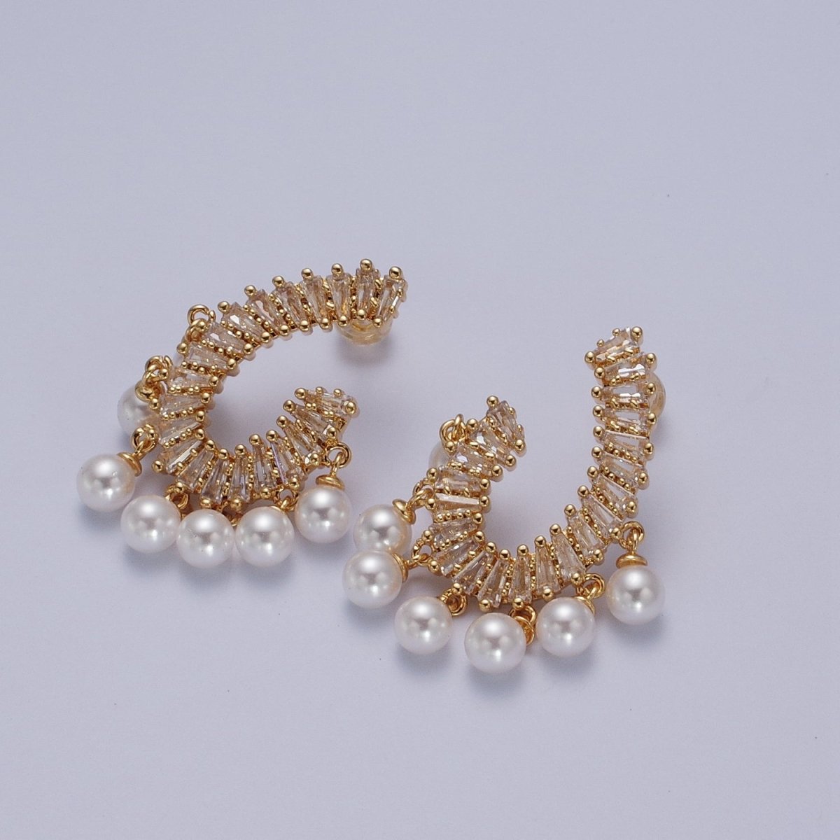 24K Gold Filled CZ Baguette Front Curve w. Pearl Dangle Stud Earrings in Gold & Silver | Y-277 Y-278 - DLUXCA