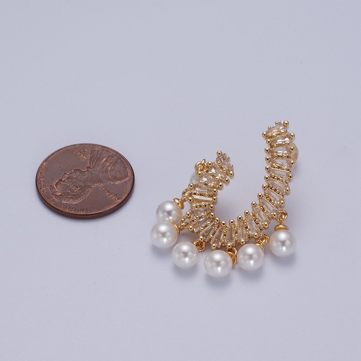 24K Gold Filled CZ Baguette Front Curve w. Pearl Dangle Stud Earrings in Gold & Silver | Y-277 Y-278 - DLUXCA