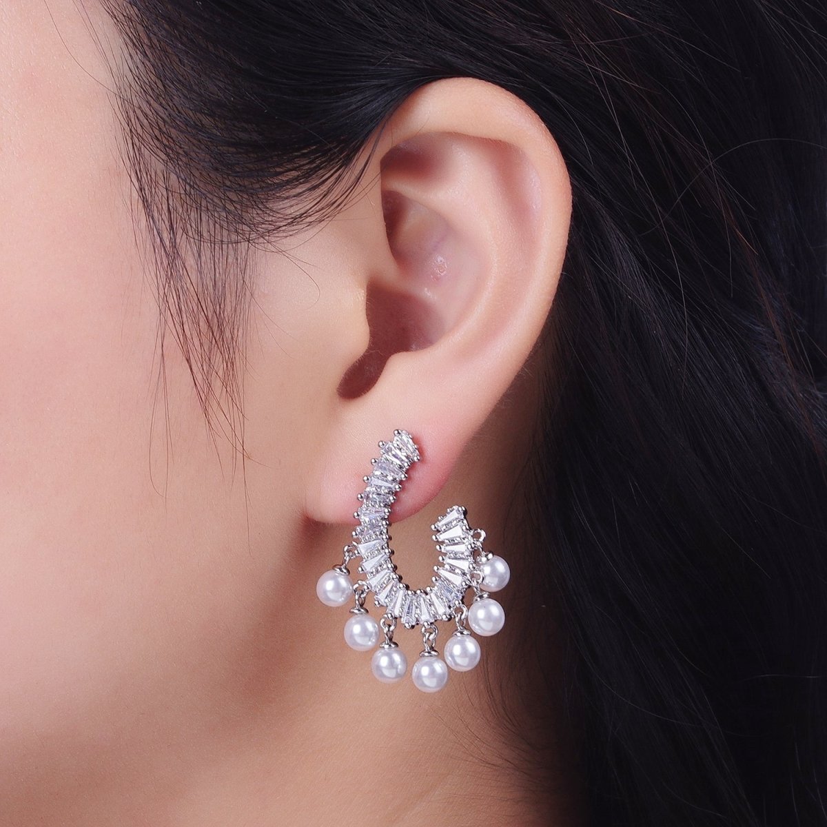 24K Gold Filled CZ Baguette Front Curve w. Pearl Dangle Stud Earrings in Gold & Silver | Y-277 Y-278 - DLUXCA