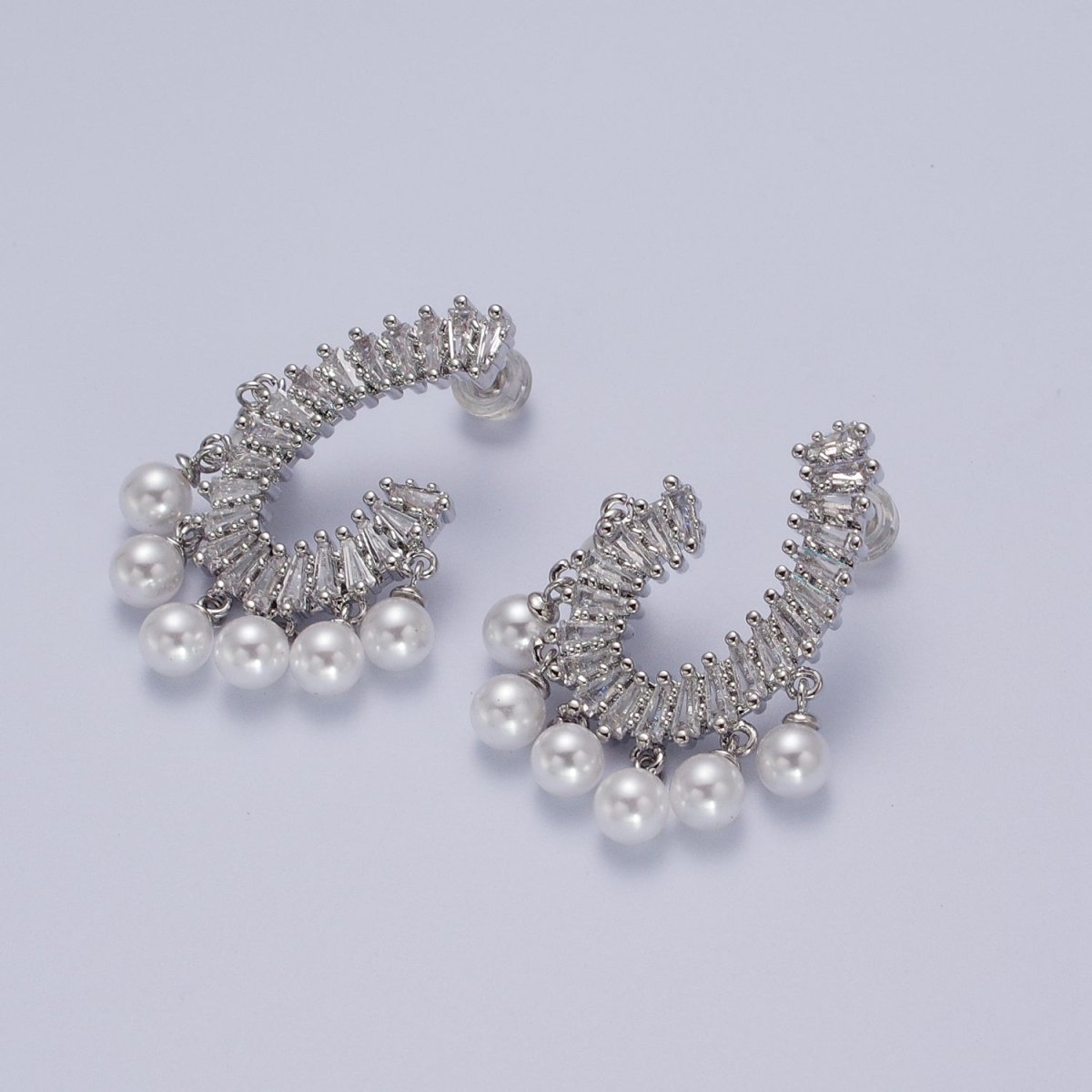 24K Gold Filled CZ Baguette Front Curve w. Pearl Dangle Stud Earrings in Gold & Silver | Y-277 Y-278 - DLUXCA