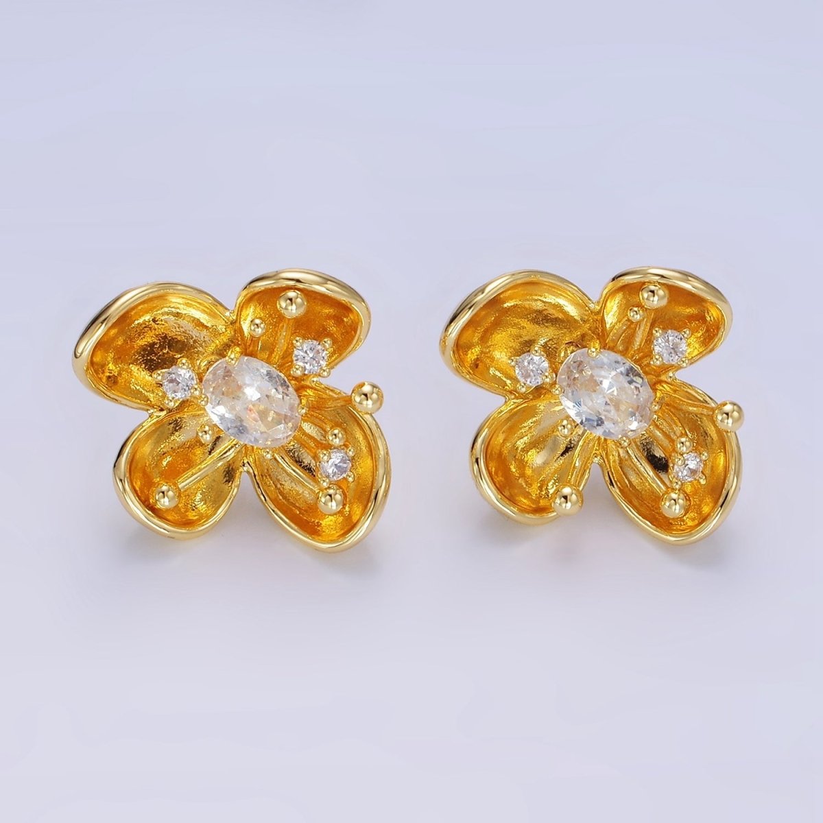 24K Gold Filled CZ Bud Foil Flower Stud Earrings | AB1401 - DLUXCA