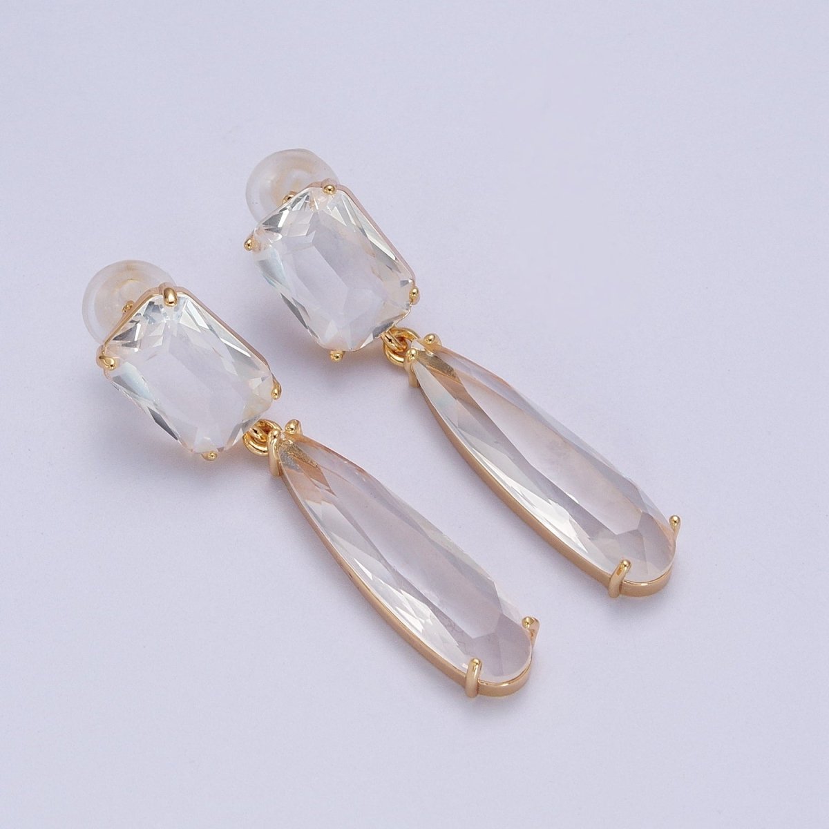 24K Gold Filled CZ Cubic Zirconia Baguette Teardrop Dangle Studs Earrings | Y-232~Y-243 - DLUXCA