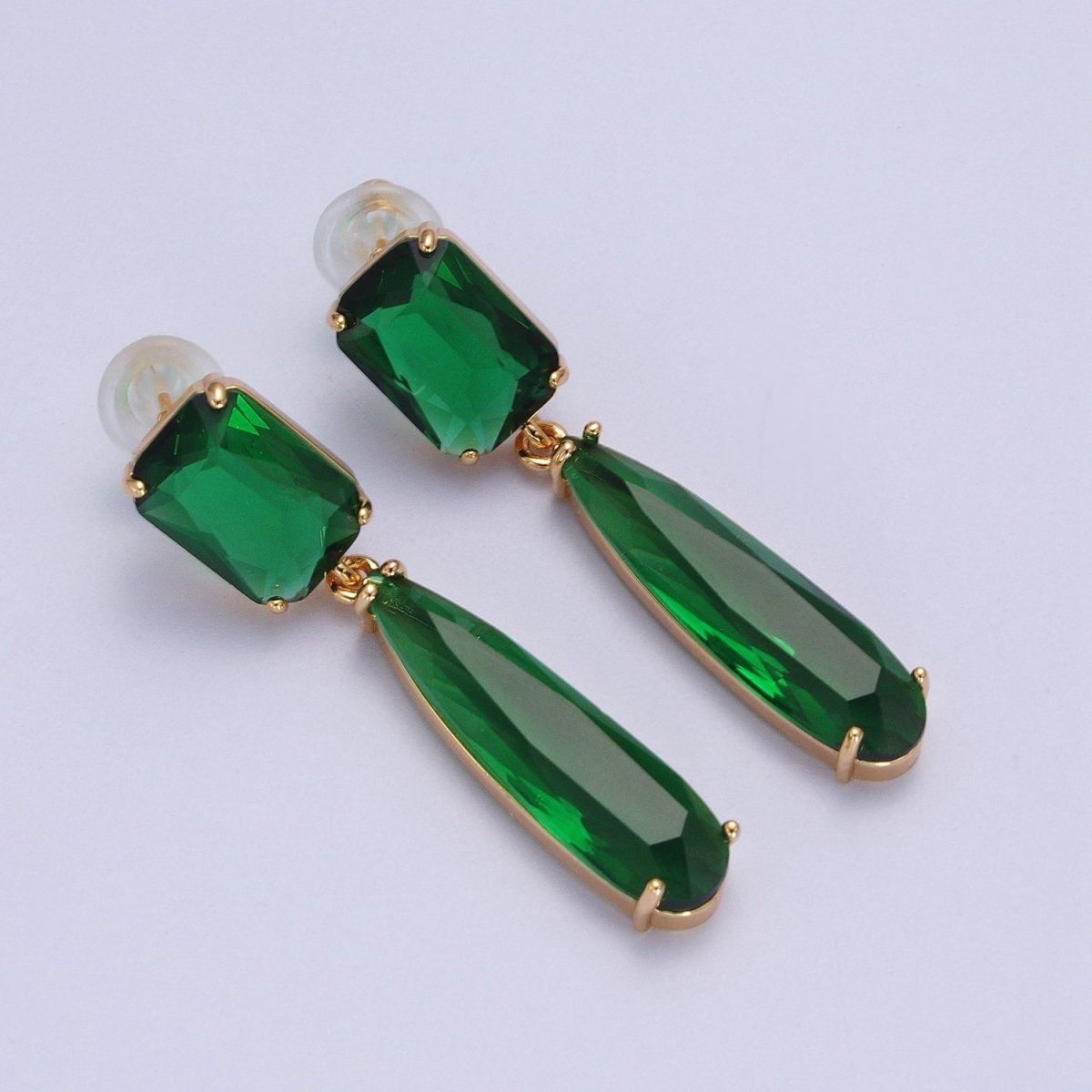 24K Gold Filled CZ Cubic Zirconia Baguette Teardrop Dangle Studs Earrings | Y-232~Y-243 - DLUXCA