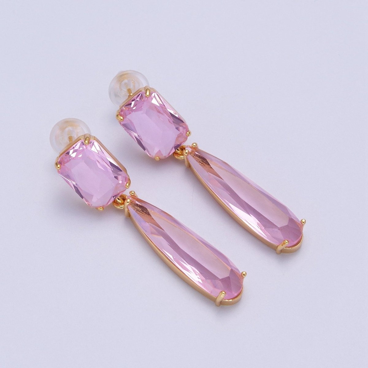 24K Gold Filled CZ Cubic Zirconia Baguette Teardrop Dangle Studs Earrings | Y-232~Y-243 - DLUXCA