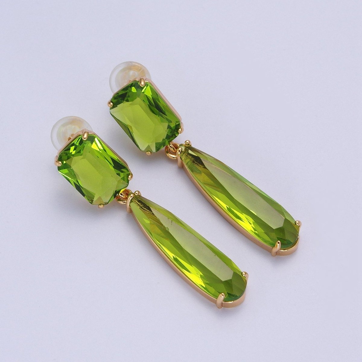 24K Gold Filled CZ Cubic Zirconia Baguette Teardrop Dangle Studs Earrings | Y-232~Y-243 - DLUXCA