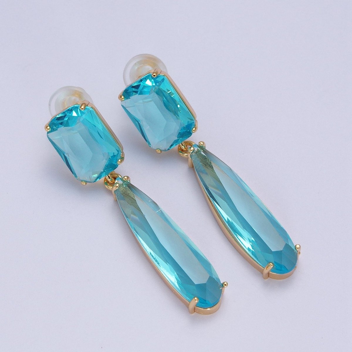 24K Gold Filled CZ Cubic Zirconia Baguette Teardrop Dangle Studs Earrings | Y-232~Y-243 - DLUXCA