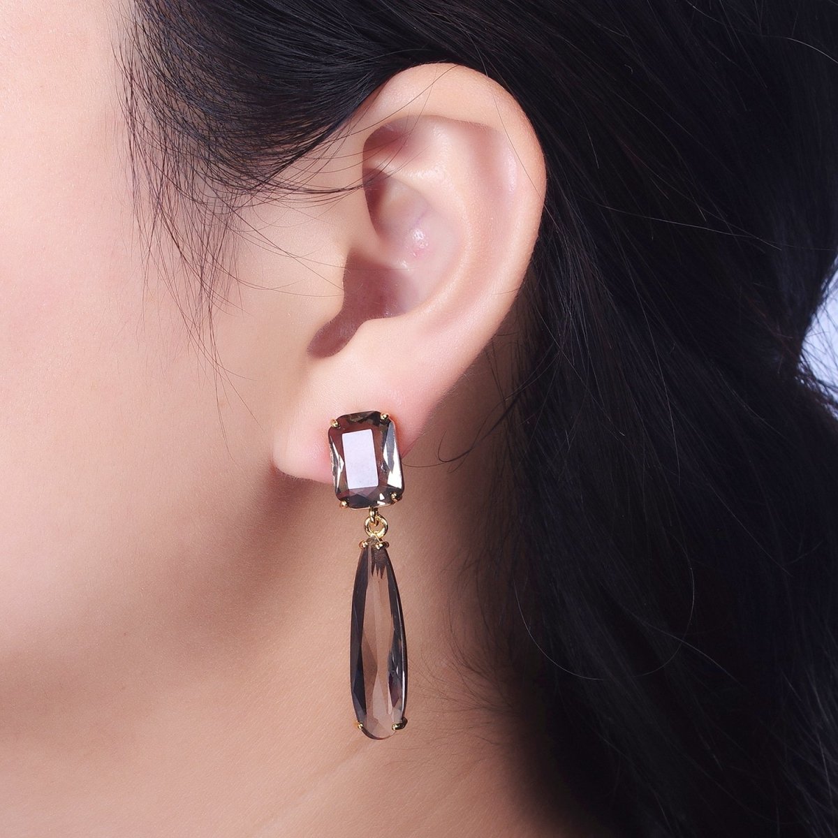 24K Gold Filled CZ Cubic Zirconia Baguette Teardrop Dangle Studs Earrings | Y-232~Y-243 - DLUXCA