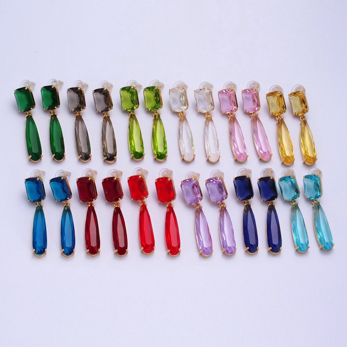 24K Gold Filled CZ Cubic Zirconia Baguette Teardrop Dangle Studs Earrings | Y-232~Y-243 - DLUXCA