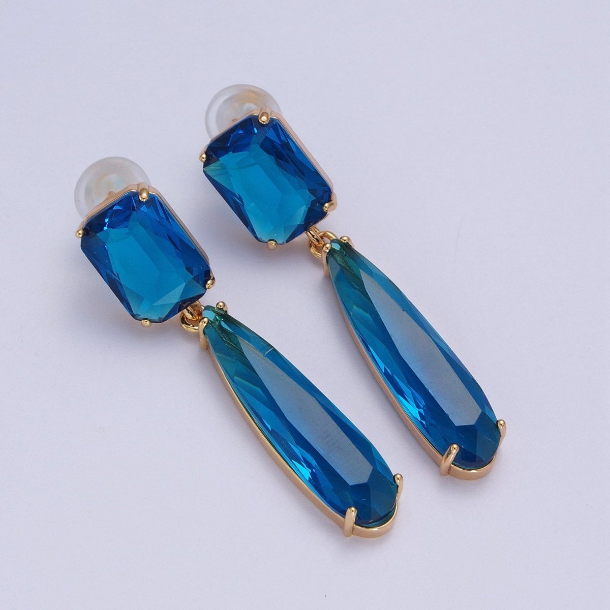 24K Gold Filled CZ Cubic Zirconia Baguette Teardrop Dangle Studs Earrings | Y-232~Y-243 - DLUXCA