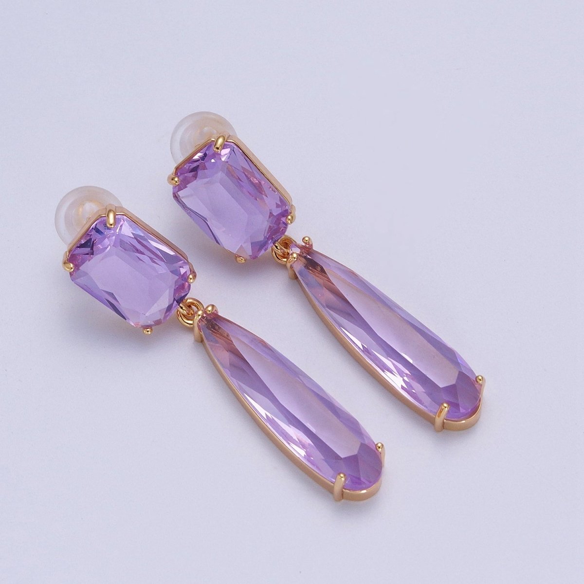 24K Gold Filled CZ Cubic Zirconia Baguette Teardrop Dangle Studs Earrings | Y-232~Y-243 - DLUXCA