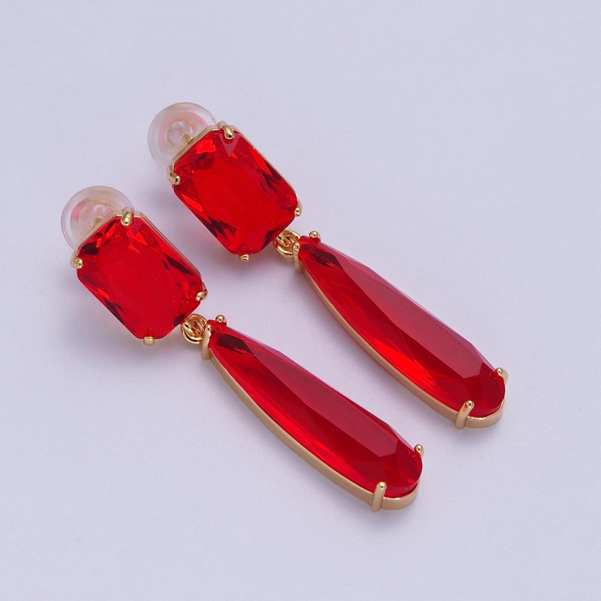 24K Gold Filled CZ Cubic Zirconia Baguette Teardrop Dangle Studs Earrings | Y-232~Y-243 - DLUXCA