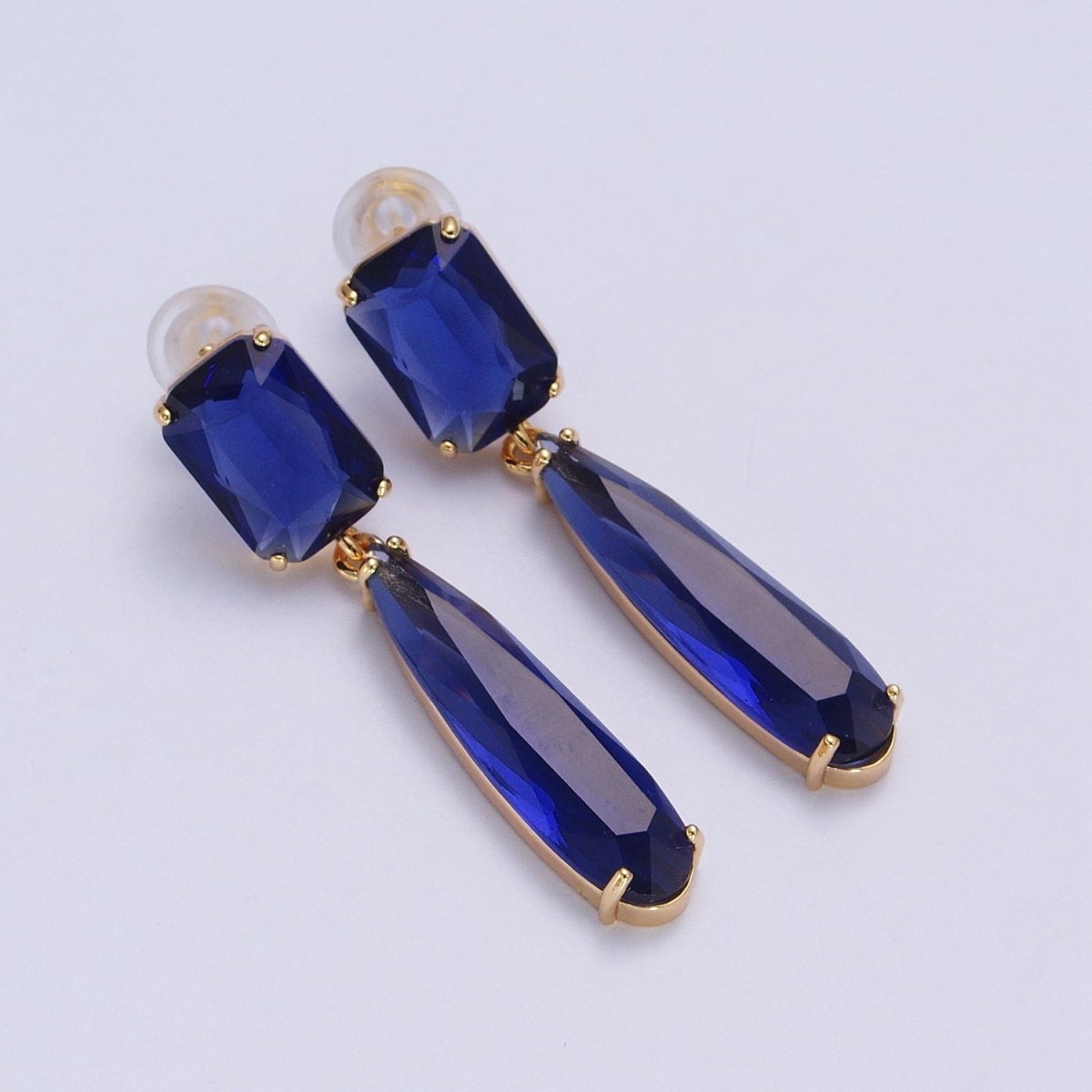 24K Gold Filled CZ Cubic Zirconia Baguette Teardrop Dangle Studs Earrings | Y-232~Y-243 - DLUXCA