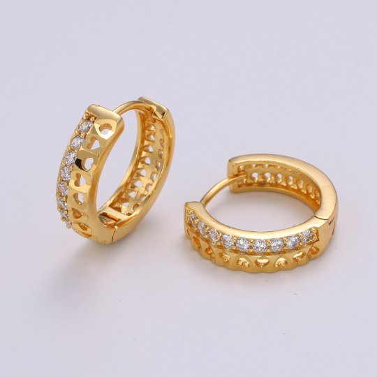 24K Gold Filled CZ Heart Hoop Earrings, Micro Pave Cartilage Huggie Hoop Earrings, Lever back Earrings, Hypoallergenic Q-503 - DLUXCA
