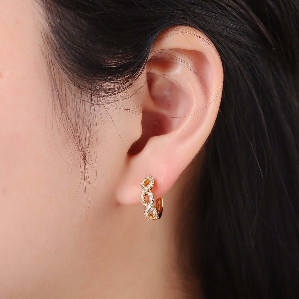 24K Gold Filled CZ Infinity Hoop Earrings, Micro Pave Cartilage Huggie Hoop Earrings, Lever back Earrings, Hypoallergenic Q-504 - DLUXCA