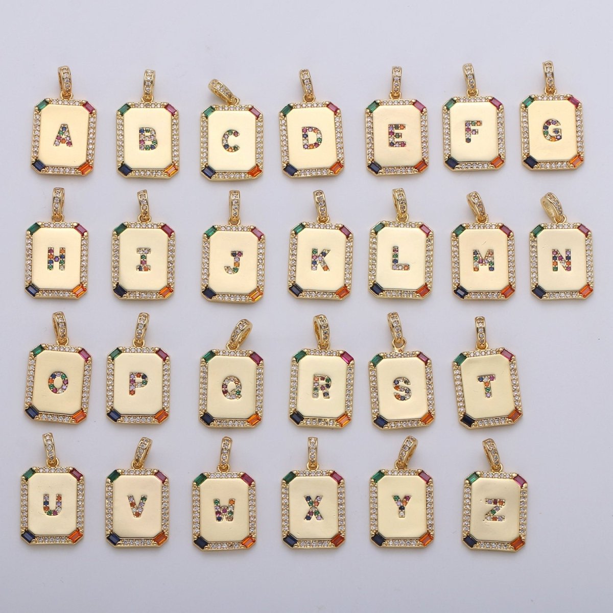 24K Gold Filled CZ Micro Pave Initial Letter Pendant, Initials Letter Tag Charm Rainbow Letter A-Z For Necklace Making, Jewelry Findings A-001 to A-013 - DLUXCA
