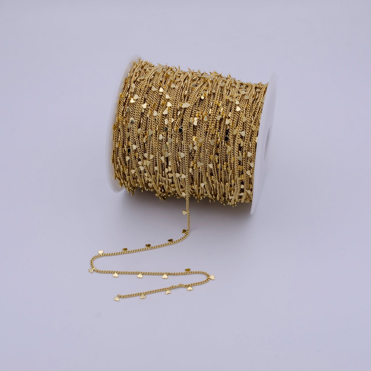 24K Gold Filled Dainty 1.6mm Curb Chain with Hearts Charm, Rhodium Plated Unique Curb by Yard, Unfinished Chain For Jewelry Making | ROLL-645, ROLL-646 Clearance Pricing - DLUXCA