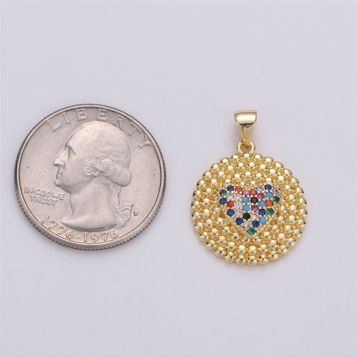 24K Gold Filled Dainty Circle Love Pendant with Turquoise Micro Pave Multi Color Rainbow Cubic Zirconia CZ Stone for Necklace or Bracelet I-578 - DLUXCA