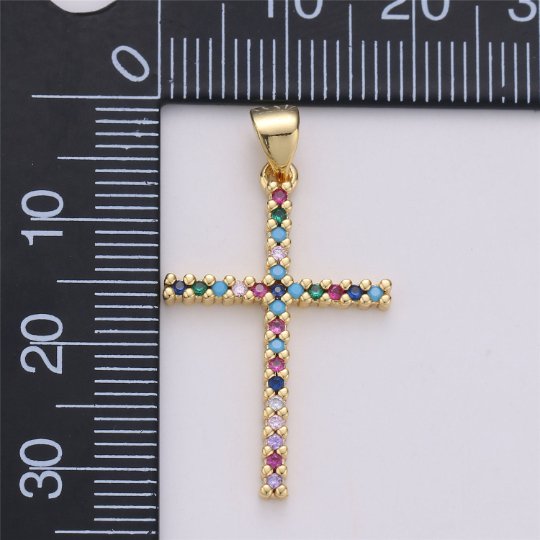 24K Gold Filled Dainty Cross Pendant with Turquoise and Micro Pave Multi Color Rainbow Cubic Zirconia CZ Stone for Necklace or Earrings I-585 - DLUXCA