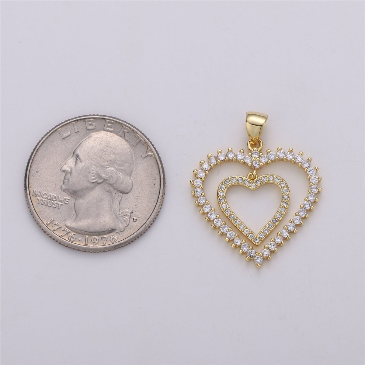 24K Gold Filled Dainty Dangle Twin Heart Pendant with Micro Pave Cubic Zirconia CZ Stone for Family Lover Necklace or Bracelet I-594 - DLUXCA