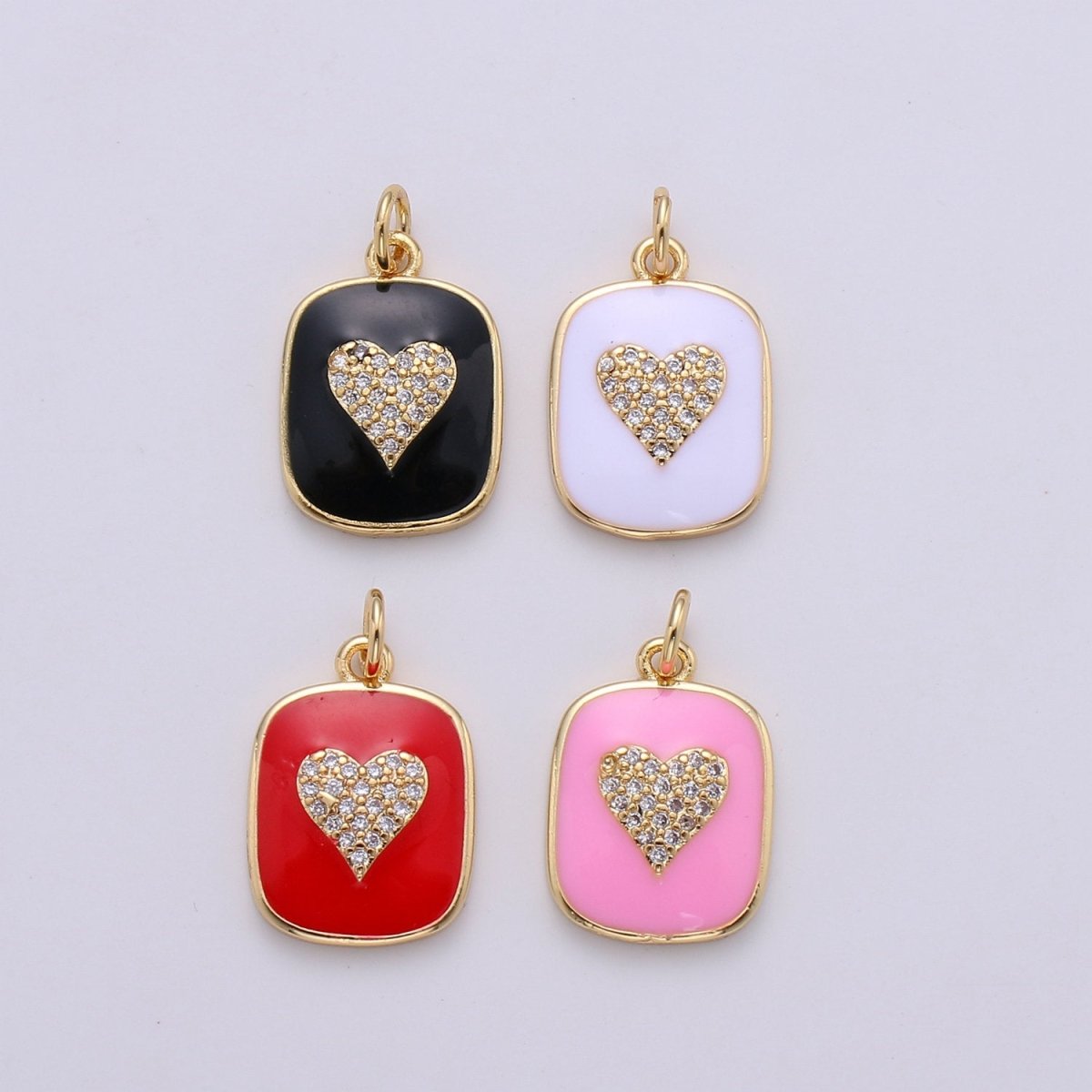24K Gold Filled Dainty Heart Enamel Charm in Black, White, Red or Pink with Micro Pave Cubic Zirconia CZ Stone for Necklace or Bracelet |OLD- C-866, C-867 - DLUXCA