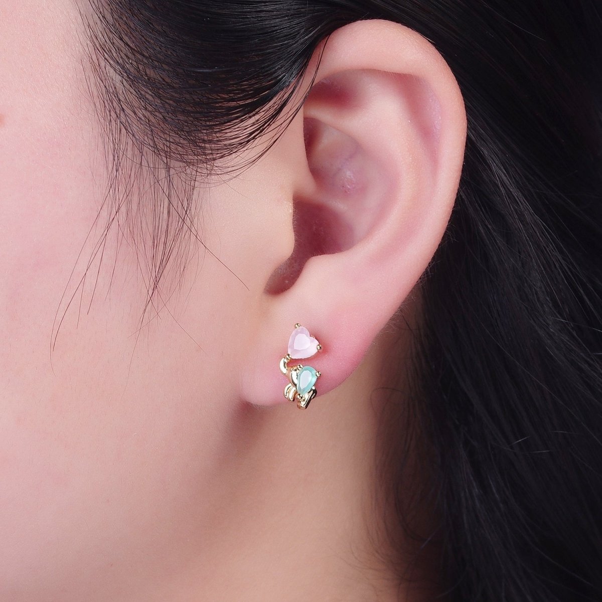24K Gold Filled Dainty Pink CZ Heart with Green CZ Elephant Stud Earrings P-429 - DLUXCA
