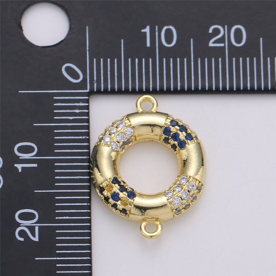 24K Gold Filled Dainty Round Navy Float Charm with Micro Pave Cubic Zirconia CZ Stone for Lifeguard Necklace or Bracelet F-354 - DLUXCA