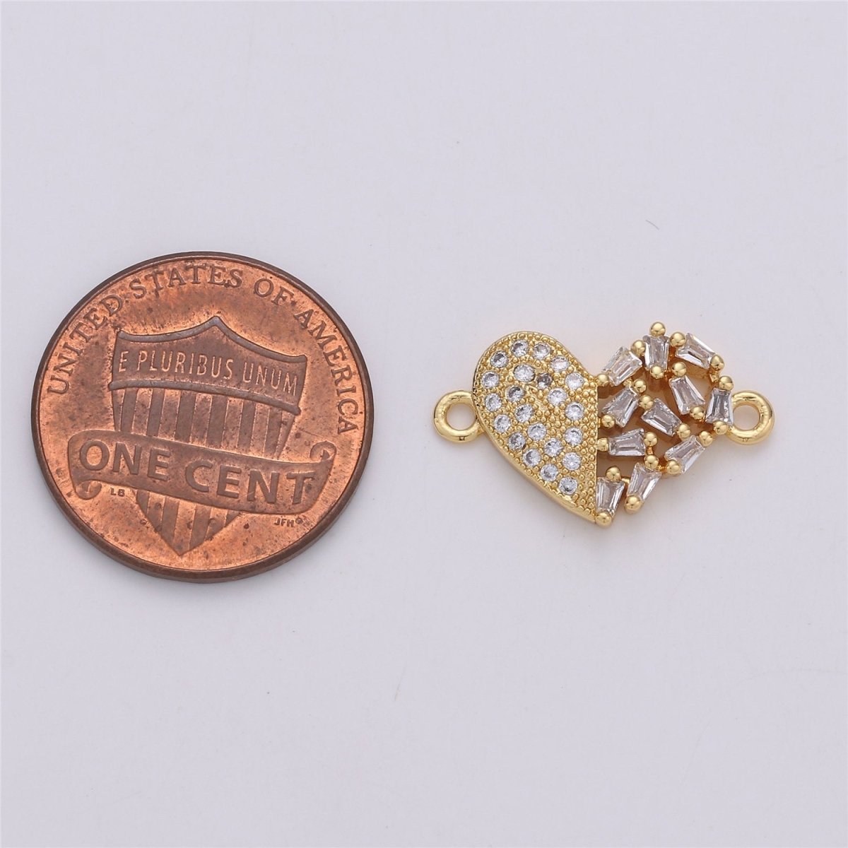 24K Gold Filled Dainty Tiny Heart Connector with Micro Pave Baguette Style Cubic Zirconia CZ Stone for Necklace or Bracelet F-355 - DLUXCA