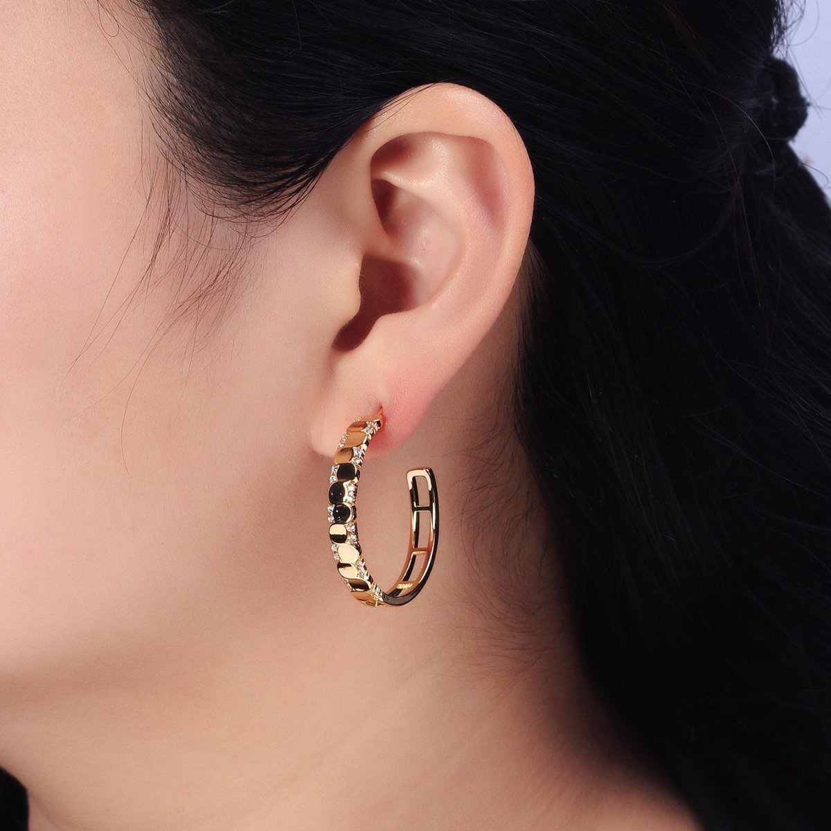 24K Gold Filled Dotted CZ Geometric C-Shaped Hoop Earrings in Gold & Silver | AB352 AB353 - DLUXCA