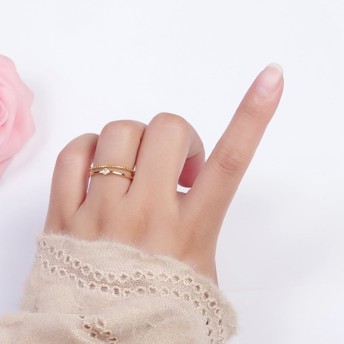 24K Gold Filled Double Band Beaded & Clear Cubic Zirconia Stone Adjustable Gold Ring | X-584 - DLUXCA