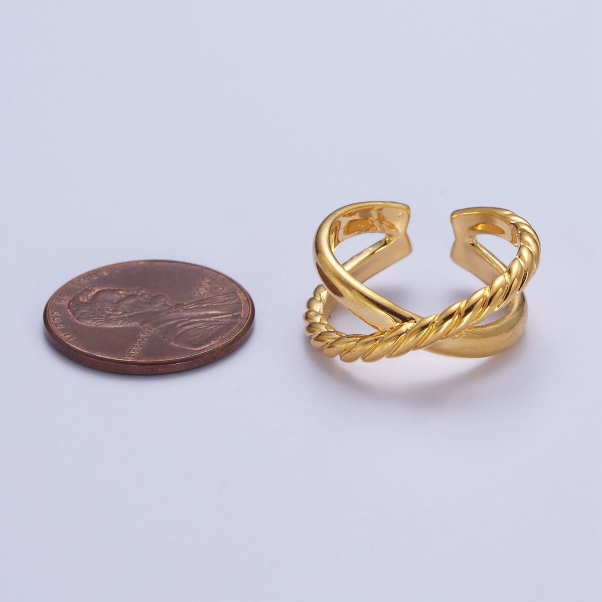 24K Gold Filled Double Band Cross Braided Twist Adjustable Gold Ring | X-573 - DLUXCA