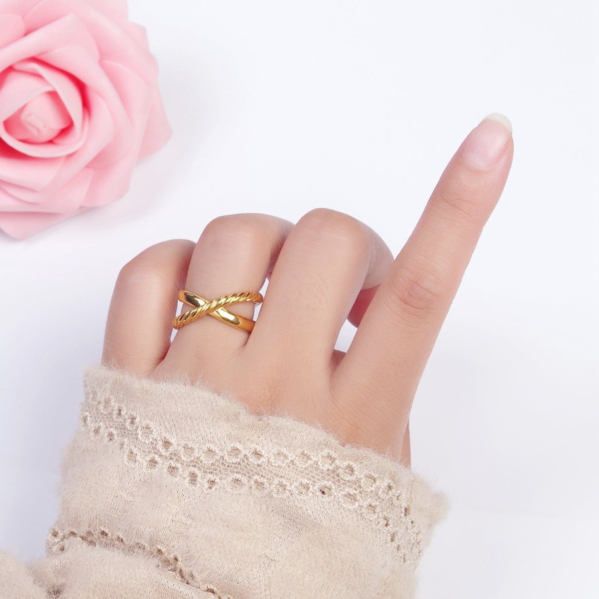 24K Gold Filled Double Band Cross Braided Twist Adjustable Gold Ring | X-573 - DLUXCA