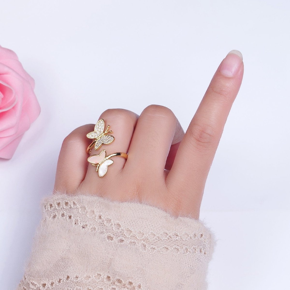 24K Gold Filled Double Butterfly Mariposa Pink Opal Micro Paved Cubic Zirconia Adjustable Garden Insect Ring | P-410 - DLUXCA