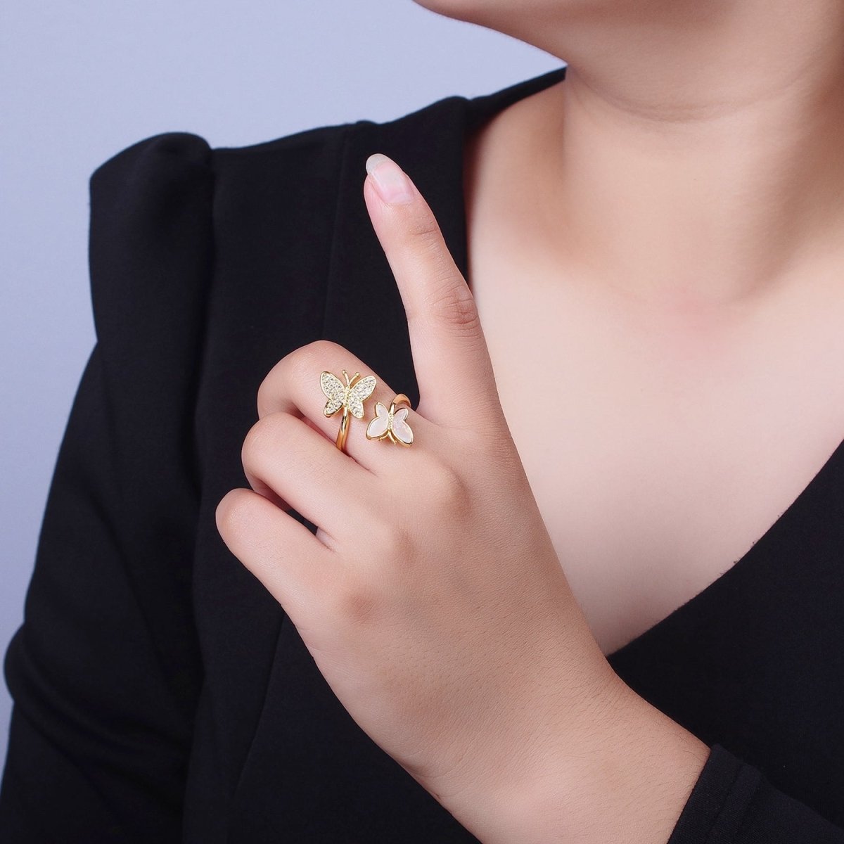 24K Gold Filled Double Butterfly Mariposa Pink Opal Micro Paved Cubic Zirconia Adjustable Garden Insect Ring | P-410 - DLUXCA