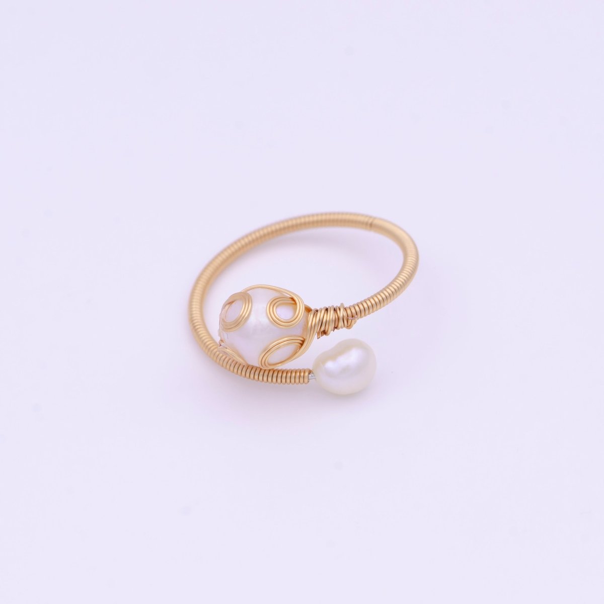 24K Gold Filled Double Pearl Handmade Braided Wire Wrapped Open Ring | O-561 - DLUXCA