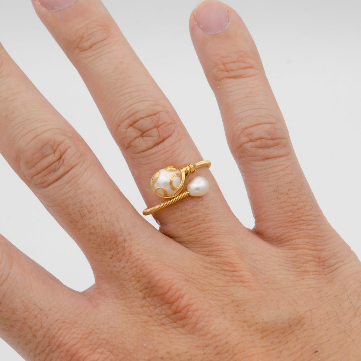 24K Gold Filled Double Pearl Handmade Braided Wire Wrapped Open Ring | O-561 - DLUXCA