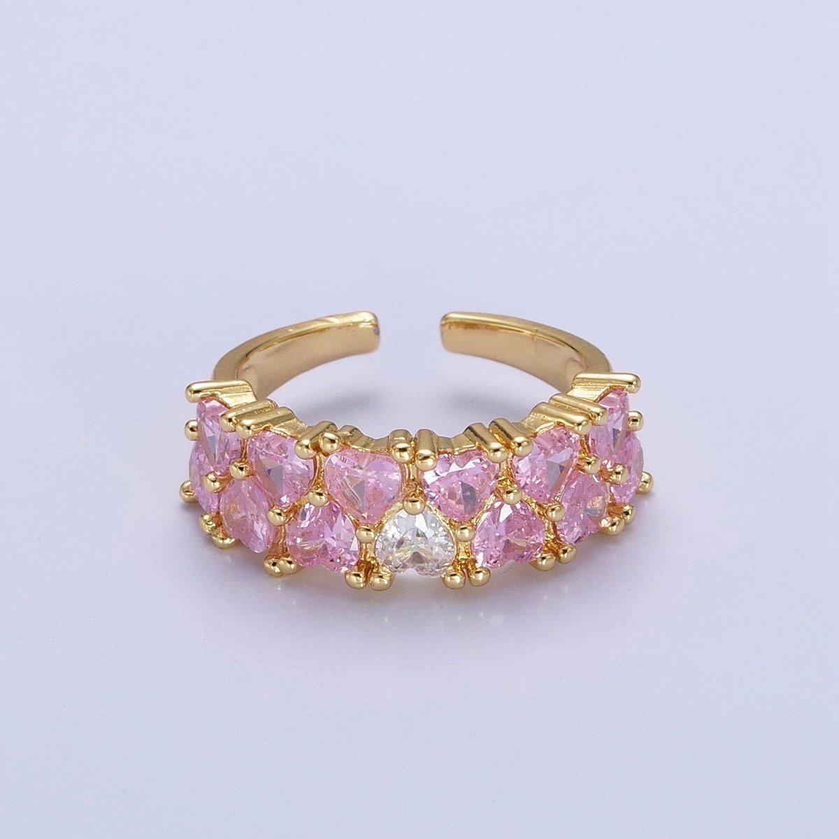 24K Gold Filled Double Pink Clear Hearts Band Adjustable Ring in Gold & Silver | Y-608 Y-609 - DLUXCA