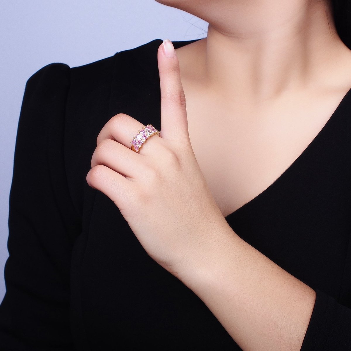 24K Gold Filled Double Pink Clear Hearts Band Adjustable Ring in Gold & Silver | Y-608 Y-609 - DLUXCA