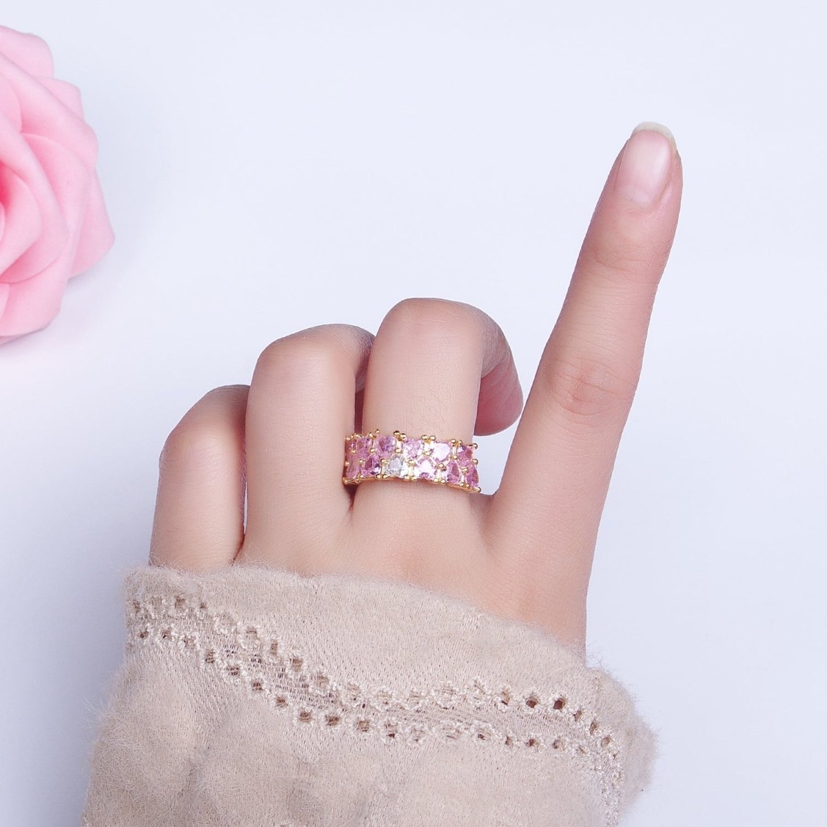 24K Gold Filled Double Pink Clear Hearts Band Adjustable Ring in Gold & Silver | Y-608 Y-609 - DLUXCA