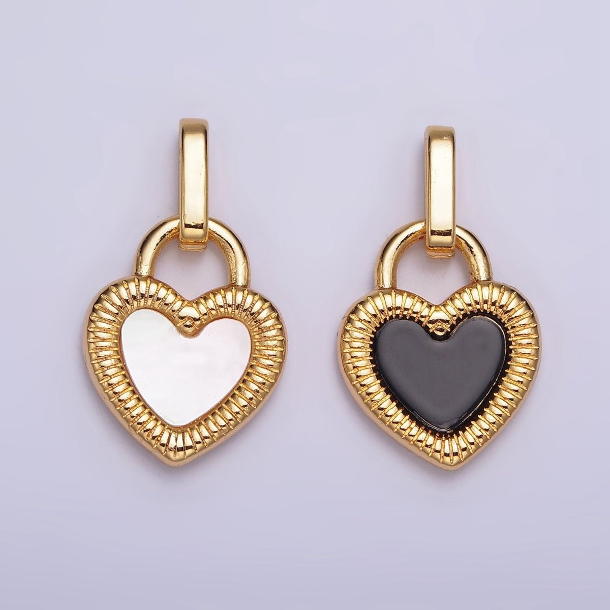 24K Gold Filled Double Sided Shell Pearl Onyx Line-Textured Heart Lock Pendant | AA-601 - DLUXCA
