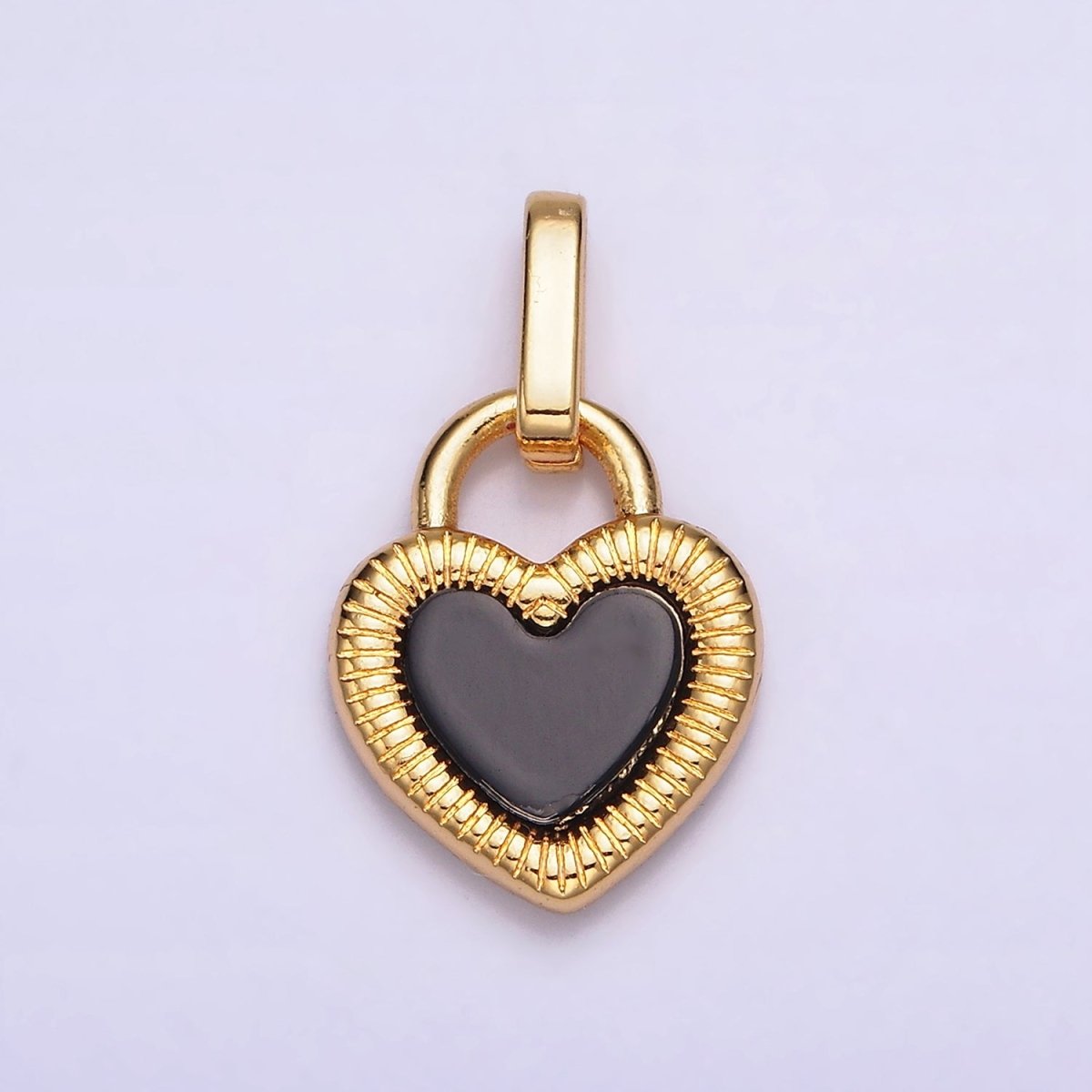 24K Gold Filled Double Sided Shell Pearl Onyx Line-Textured Heart Lock Pendant | AA-601 - DLUXCA