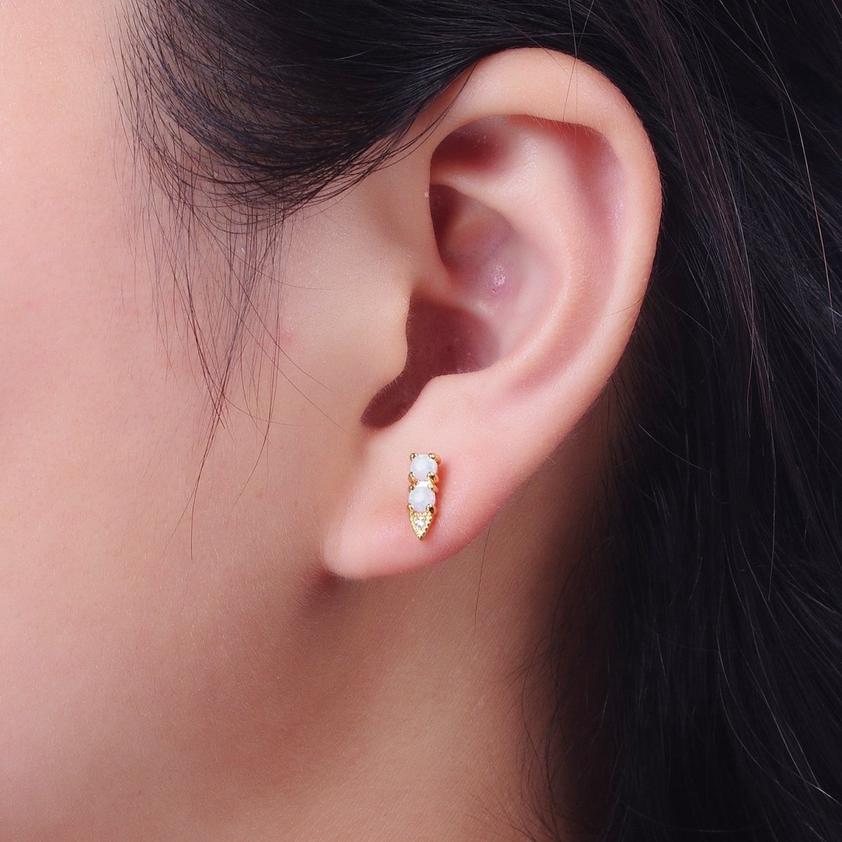 24K Gold Filled Double Two Round White Opal CZ Arrow Stud Earrings | Y-041 - DLUXCA