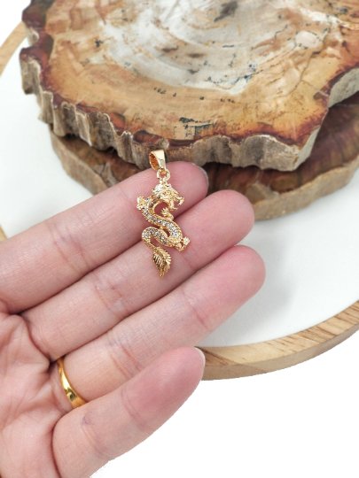 24k Gold Filled Dragon Pendant, Micro Pave Chinese Zodiac, Mythical Animals H-760 - DLUXCA