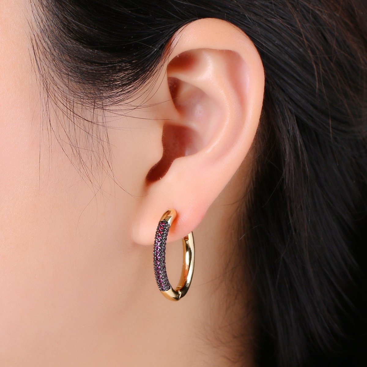 24k Gold Filled Earring Colorful CZ Pave Gold Hoop Earring, Blue, Clear, Green, Purple Hoop Earring for Everyday Wear Q-396 - Q-403 - DLUXCA