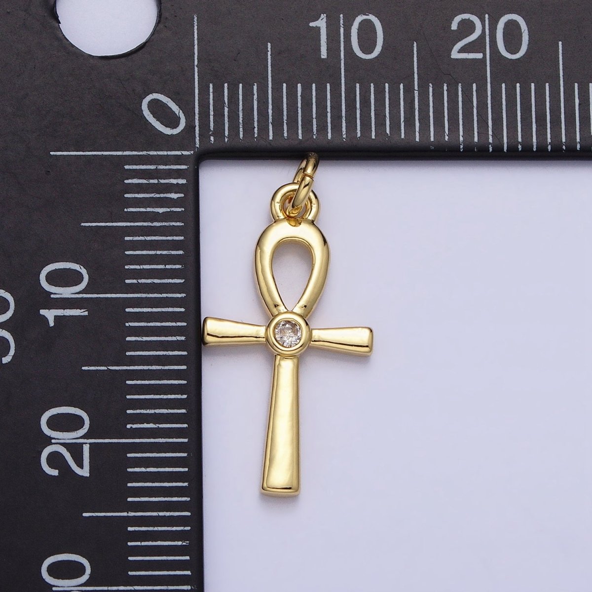 24K Gold Filled Egyptian Ankh Key Cross Minimalist Eternal Life CZ Charm | AC589 - DLUXCA